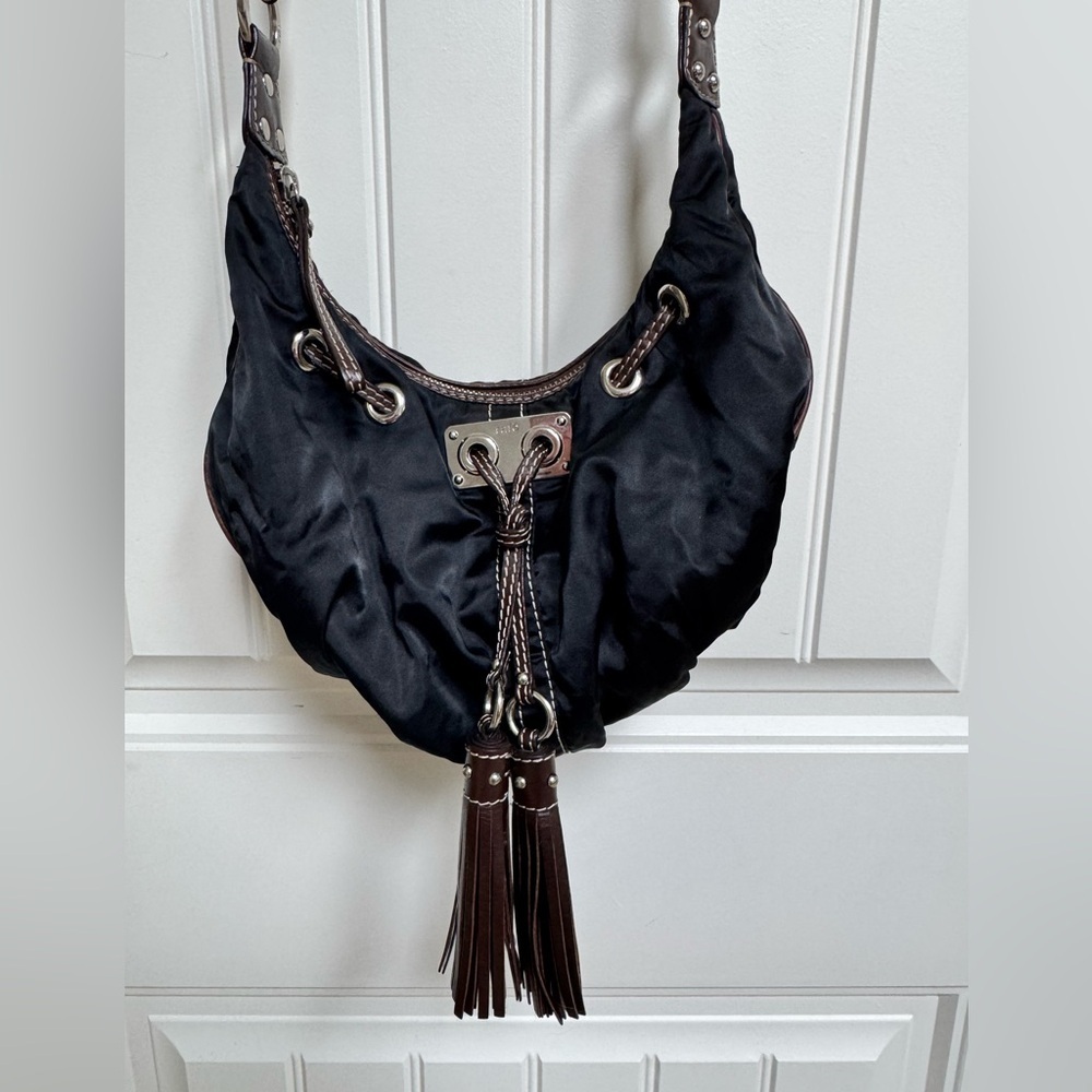 Rafe New York Black Satin Hobo Bag with Brown Leather Trim. 12” by 9” by 1”